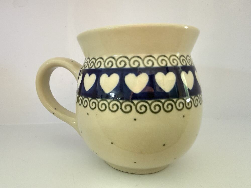 Boleslawiec Polish Pottery Handmade Blue Bubble Coffee Tea Mug Hearts 16oz